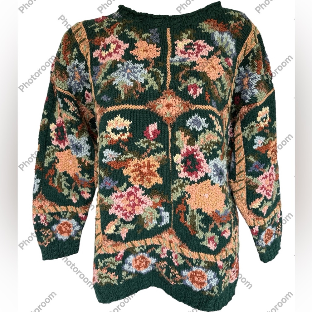 VINTAGE Hobbit Capezio FAIR ISLE Floral Knit Sweater - Green and Multicolor - M